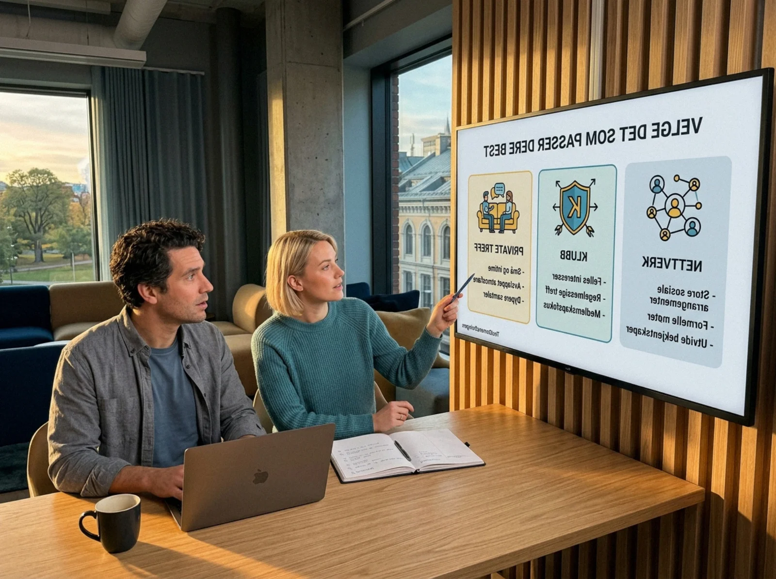 01 norwegian office duo with three option screen - Nettverk, klubb eller private treff: hvordan velge det som passer paret best