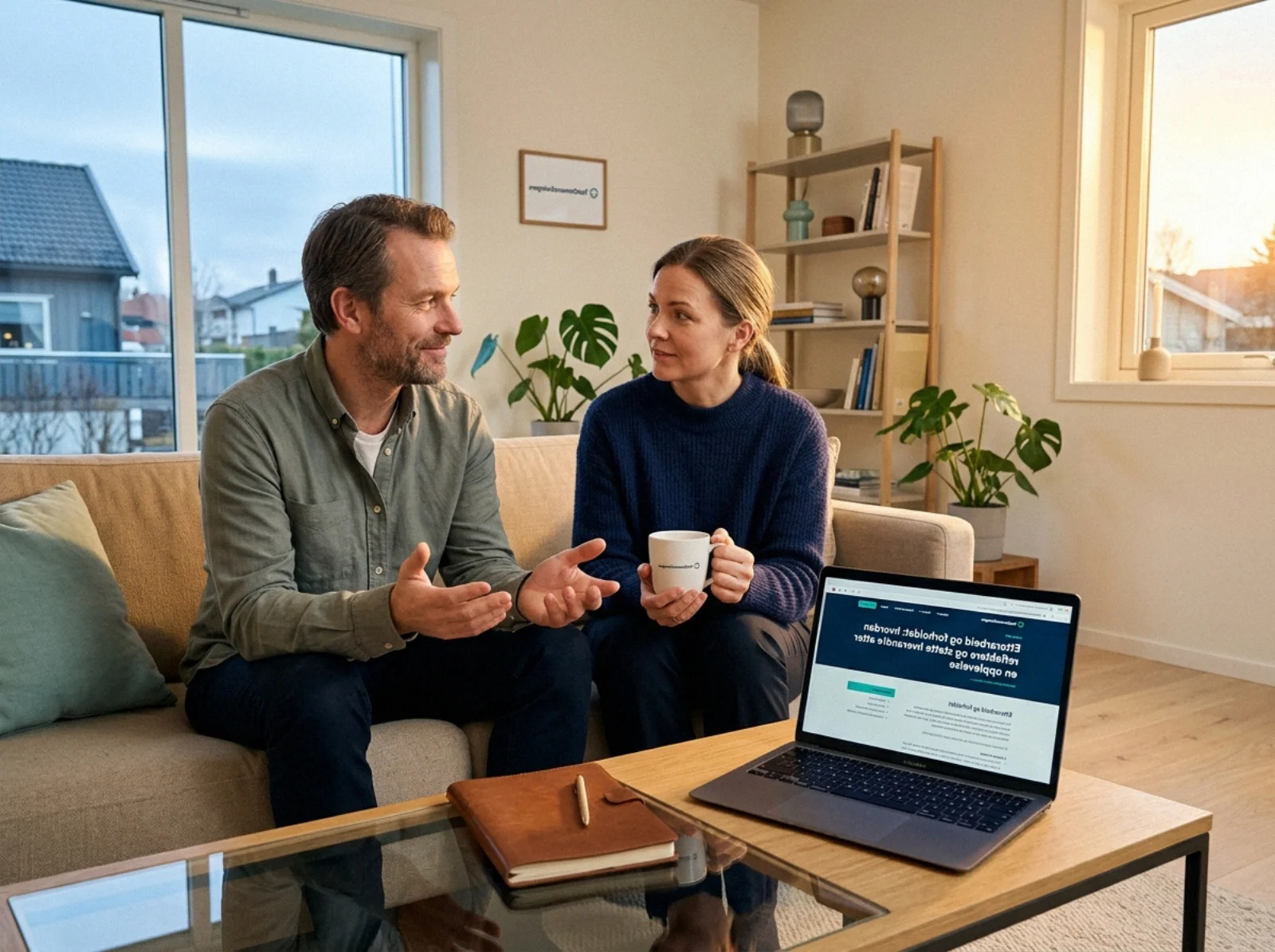 01 two adults with laptop on light norwegian sofa - Etterarbeid og forholdet: hvordan reflektere og støtte hverandre etter en opplevelse