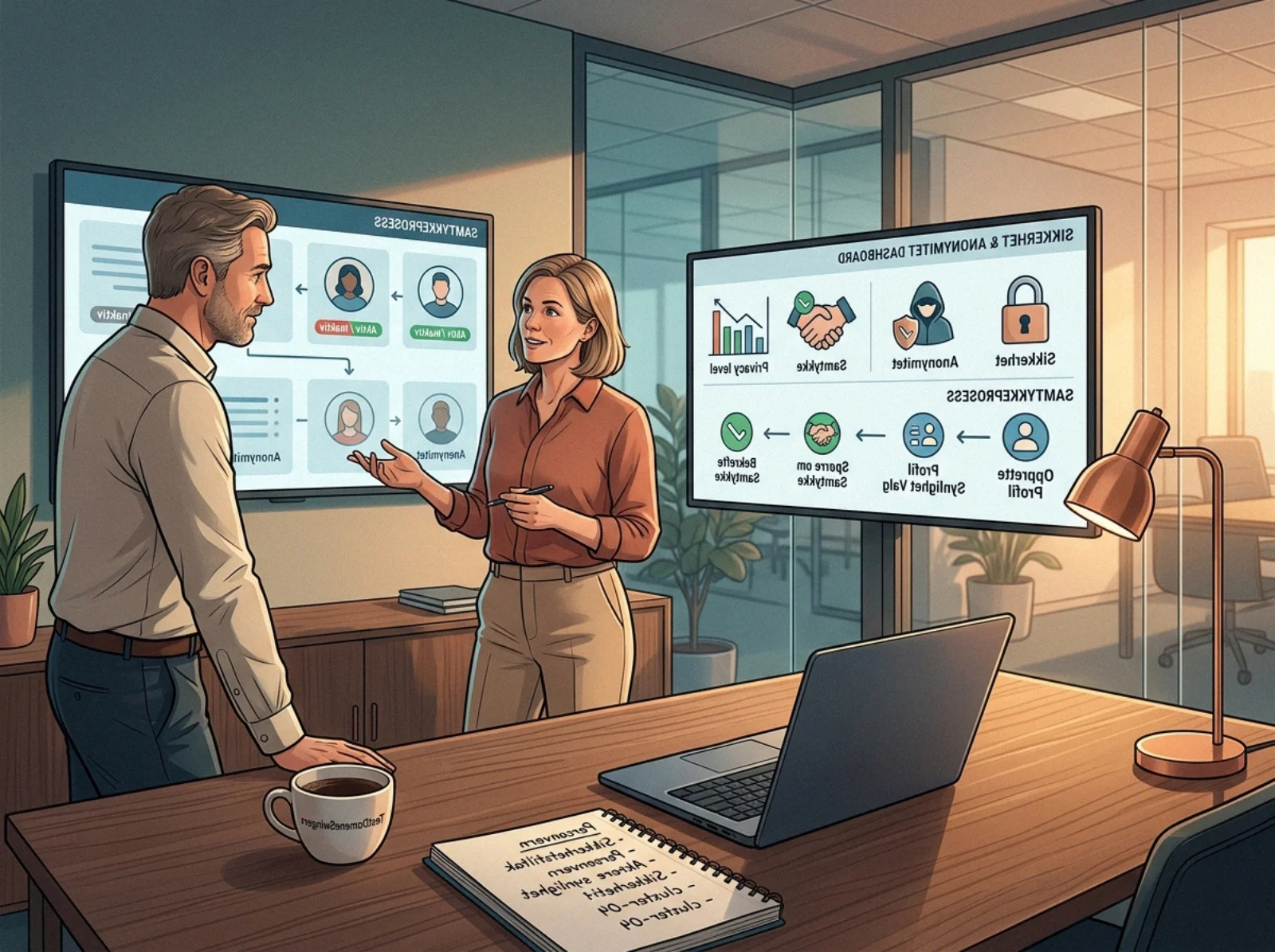 01 two adults discuss privacy dashboard on monitor - Trygg bruk av norske swinger-plattformer: sikkerhet, anonymitet og samtykke i praksis