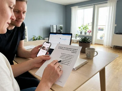 02 close up couple with clipboard in nordic living room - Praktisk forberedelse før swinging: hva dere bør avklare og sjekke på forhånd