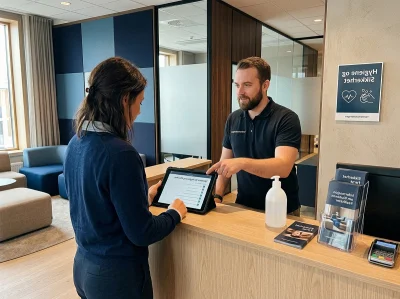 02 over the shoulder tablet at swingers club reception - Vurdere hygiene, fasiliteter og sikkerhet i swingerklubber før besøk