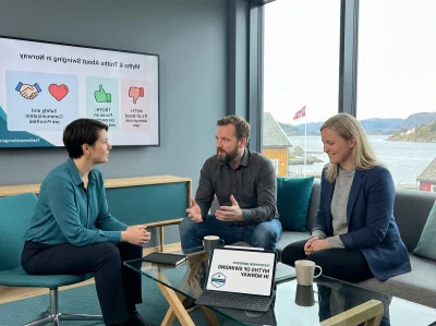 02 three adults in norway office lounge with infographics - Myter om swinging i Norge: hva som er sant og hva som ofte misforstås