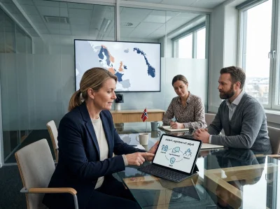 02 three professionals with tablet diagram in nordic office - Kulturelle forskjeller mellom Norge og Europa i swingersmiljøet: regler, forve...