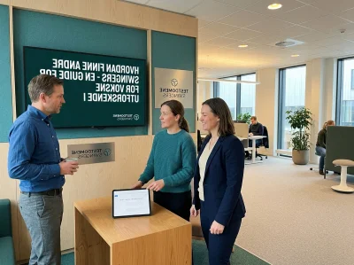 02 tre personer i nordisk kontorlounge diskuterer sok - Hvordan finne andre swingers