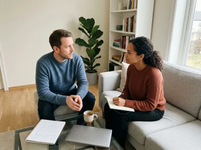 02 two adults sharing support norwegian living room - Etterarbeid og forholdet: hvordan reflektere og støtte hverandre etter en opplevelse