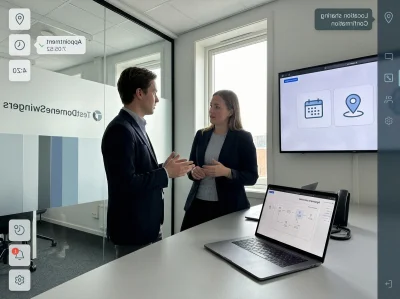 02 two colleagues discuss safety workflow beside map monitor - Sikkerhet ved fysiske møter: avtaleprosesser, lokasjon og varsling